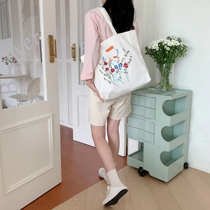 Close-up of a white canvas tote bag with colorful flower embroidery on a model's shoulder