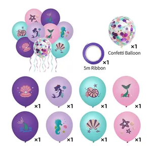Mermaid theme party balloon set with shell prints, confetti balloon and purple ribbon