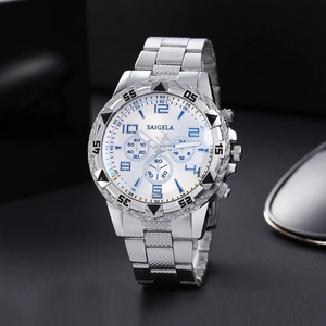 Orologio da uomo in argento con quadrante bianco grande e dettagli blu in acciaio inox