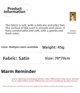 Detailed technical specifications for 70x70cm satin floral scarf with fabric weight info