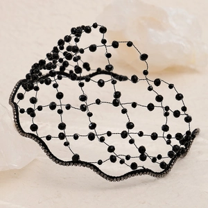 Elegant Middle Eastern bridal headband with black beaded mesh and sparkling rhinestones