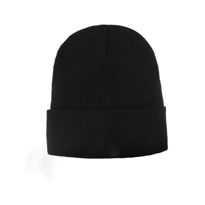 Close-up of black ribbed knit beanie showing thick vertical texture and folded cuff detail