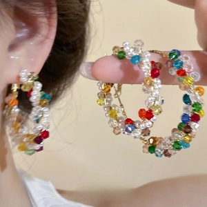 Bohemian Colorful Crystal And Imitation Artificial Pearl Wrapped Large Hoop Earrings With Silver Earring Post For Women