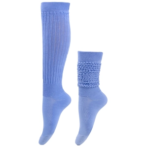 Detail of lavender lavender knit slouch socks featuring a ribbed texture and bubble style