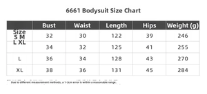 Tableau des tailles détaillé pour body de yoga monochrome haute résistance avec mesures