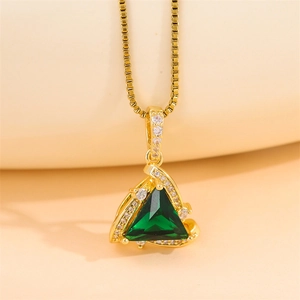 Triangle green crystal pendant necklace in gold stainless steel box chain for women