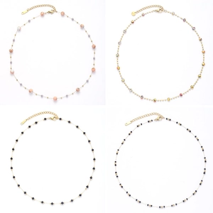 Multilayer titanium steel necklace set with natural stone beads and gold plated chain link