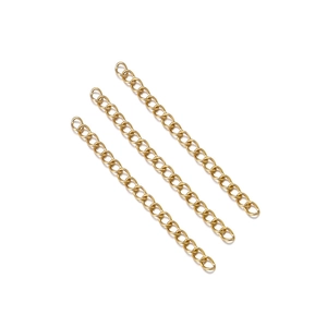 Close-up of three golden stainless steel extension chains for jewelry making and DIY crafts