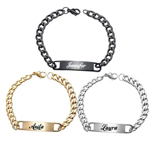 Stainless Steel ID Bar Bracelet For Men Cuban Figaro Link Polished Rectangular Plate Fashion Minimalist Jewelry