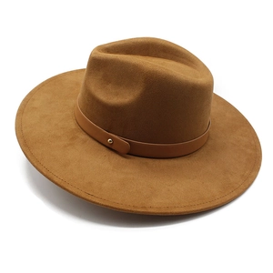 Elegant Wide Brim Fedora Hat Vintage British Style Suede Feel Polyester Faux Leather Band Rivet Retro Autumn Winter