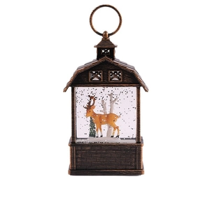 Bronze Christmas lantern with deer landscape and warm LED light, holiday decor