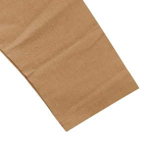 Detail shot of the camel linen blend fabric showing double-needle stitching on the hem