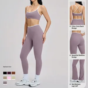 Completo yoga viola morandi con reggiseno sportivo incrociato e leggings a campana
