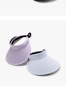 Detail of wide brim sun hats in lavender and light blue with breathable fabric