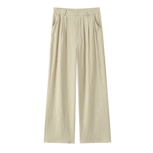 Pantalon de costume beige à taille haute et jambe large pour femme avec plis
