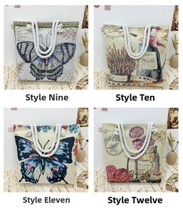 Detail of four vintage floral canvas tote bags featuring cotton rope handles and retro prints