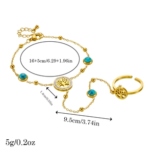Gold tree of life bracelet ring set with turquoise beads and precise sizing specs
