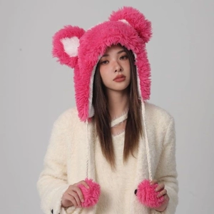 Women Bear Ear Plush Earflap Hat Faux Fur Warm Winter Windproof Cute Kawaii Pom Pom Braided Strings Thermal Accessory