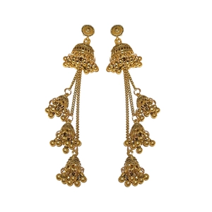 Ethnic gold geometric tiered Jhumka earrings with tassel bell fringe on white background