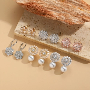 Flower Pendant Earrings Copper Zircon Faux Artificial Pearl Vintage Light Luxury Trendy Niche Jewelry For Women