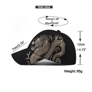 Detailed size chart for dragon print cotton baseball cap with specific dimensions in cm and inches