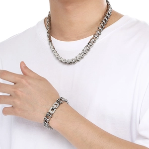 Polished silver stainless steel bicycle chain necklace and bracelet set for men