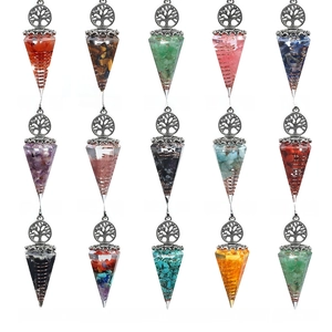 Grid layout of Tree of Life resin crystal pendulums in various natural gemstones