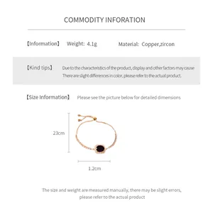 Detail view of adjustable zircon bracelet showing copper material and 23cm length specs