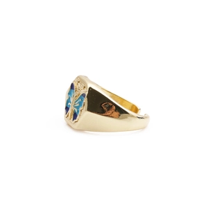Adjustable gold butterfly ring with hexagonal shield design and blue enamel finish
