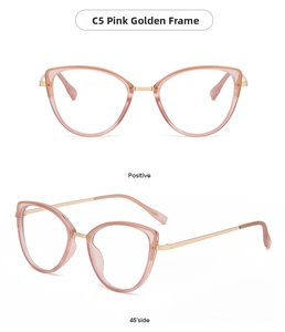 Detail view of pink cat-eye glasses with slim gold metal temples and C5 pink golden frame