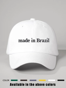Detail of white cotton baseball cap with made in Brazil embroidery and breathable eyelets
