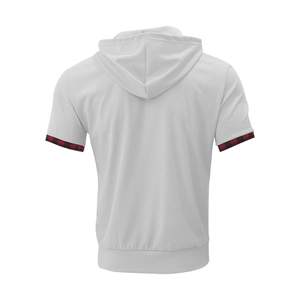 Rear view of a men's waffle knit short sleeve hoodie with red plaid sleeve edge details