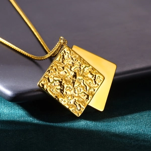 Gold stainless steel necklace with hammered square pendants and polished geometric charm