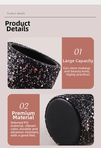 Macro detail of black glitter PU makeup brush holder showing durable texture and large capacity