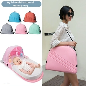 Foldable baby stroller diaper bag with embroidery showing 5 colors and sunshade detail
