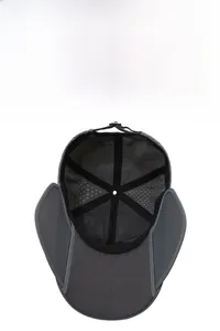 Detail of dark grey sun hat featuring breathable mesh lining and adjustable buckle strap