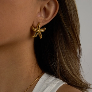 Close-up of a gold starfish earring and matching pendant necklace on a model