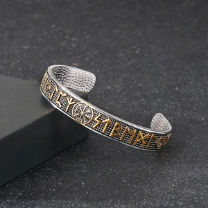 Nordic Viking compass open cuff bracelet in silver and gold stainless steel finish