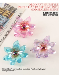 Macro detail of large floral claw clips featuring iridescent finish and colorful petals