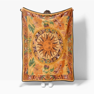 Large Bohemian flannel sun tapestry blanket featuring yellow solar totem and floral patterns
