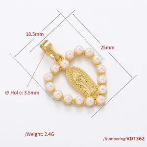 Golden heart pendant with Virgin Mary relief and 14 white pearls on white background