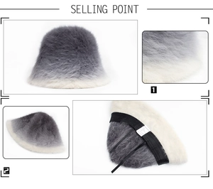Detail showing grey gradient faux rabbit fur texture and adjustable inner drawstring
