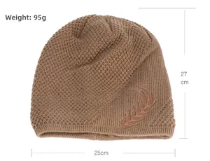 Detail of coffee knit beanie with wheat embroidery and dimensions 27cm by 25cm