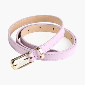 Slim lavender PU leather belt for women with a gold buckle in a coiled display