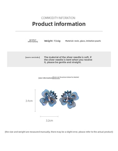Détails de boucles d'oreilles fleurs bleues avec perles en résine et verre, 3,4x3,2cm