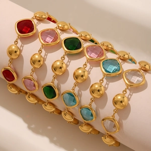 Set of 5 18k gold plated stainless steel bracelets with multi-colored square crystals