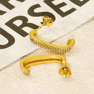 Minimalist double-layer gold stainless steel C-shaped earrings with rhinestones