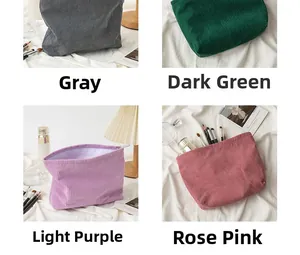 Detailed grid showing corduroy makeup bags in gray, green, purple and rose colors