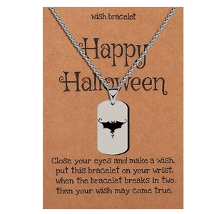 Detail of silver stainless steel bat pendant on a Happy Halloween branded backing card