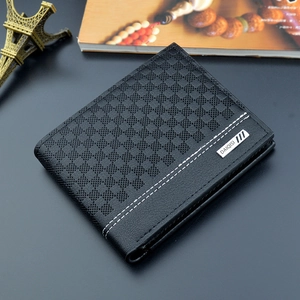 Sleek black men's bifold wallet with modern grid texture and metal logo detail